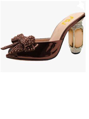 FSJ Bronze Patent Beaded Bow Mules with Jeweled Gold Accent Heel